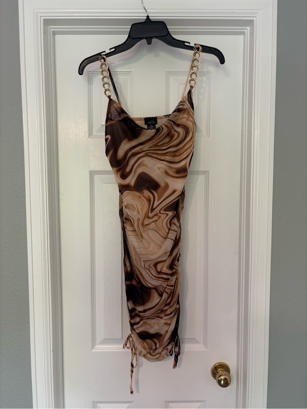 Rue21 Brown Marble-Print Slip Midi Dress with Gold Chain Straps
